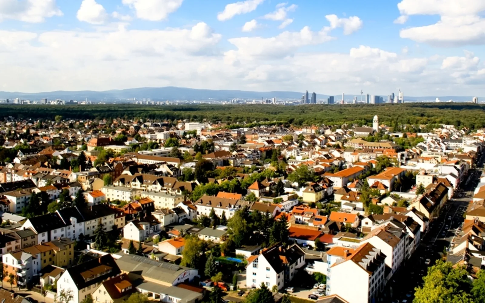 Aerial photograph of a suburban residential neighborhood with trees and houses
